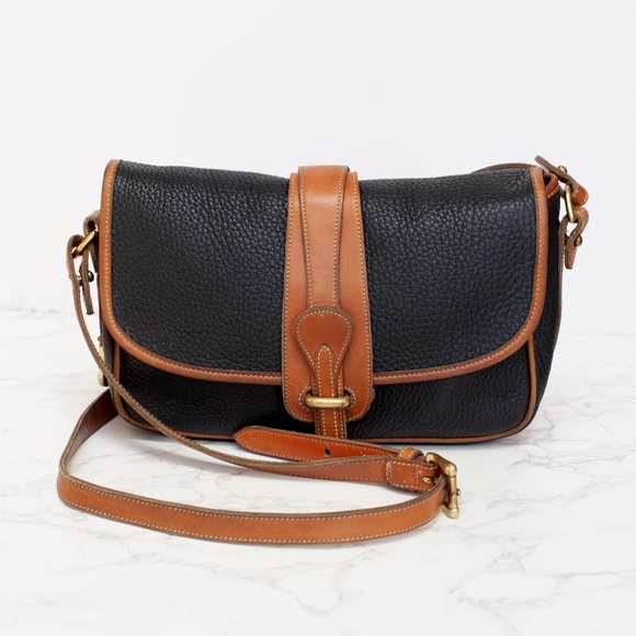 Vintage Dooney & Bourke Small Tack Black British Tan Leather All Weather Shoulde - Picture 1 of 8